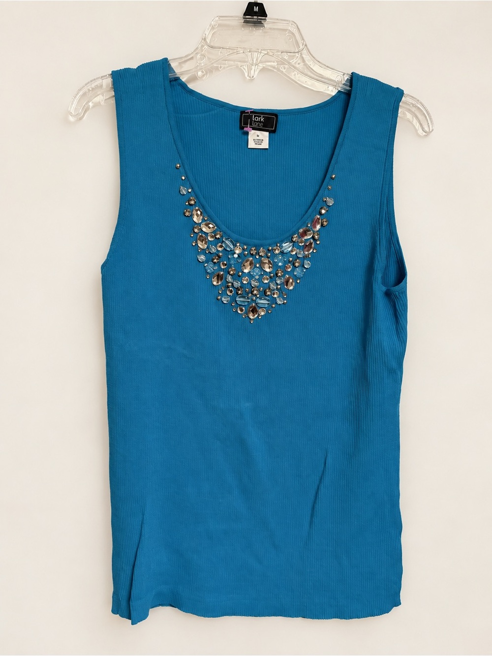 Lark Lane Blue Rhinestone Embellished Ribbed Tank Top Size Large